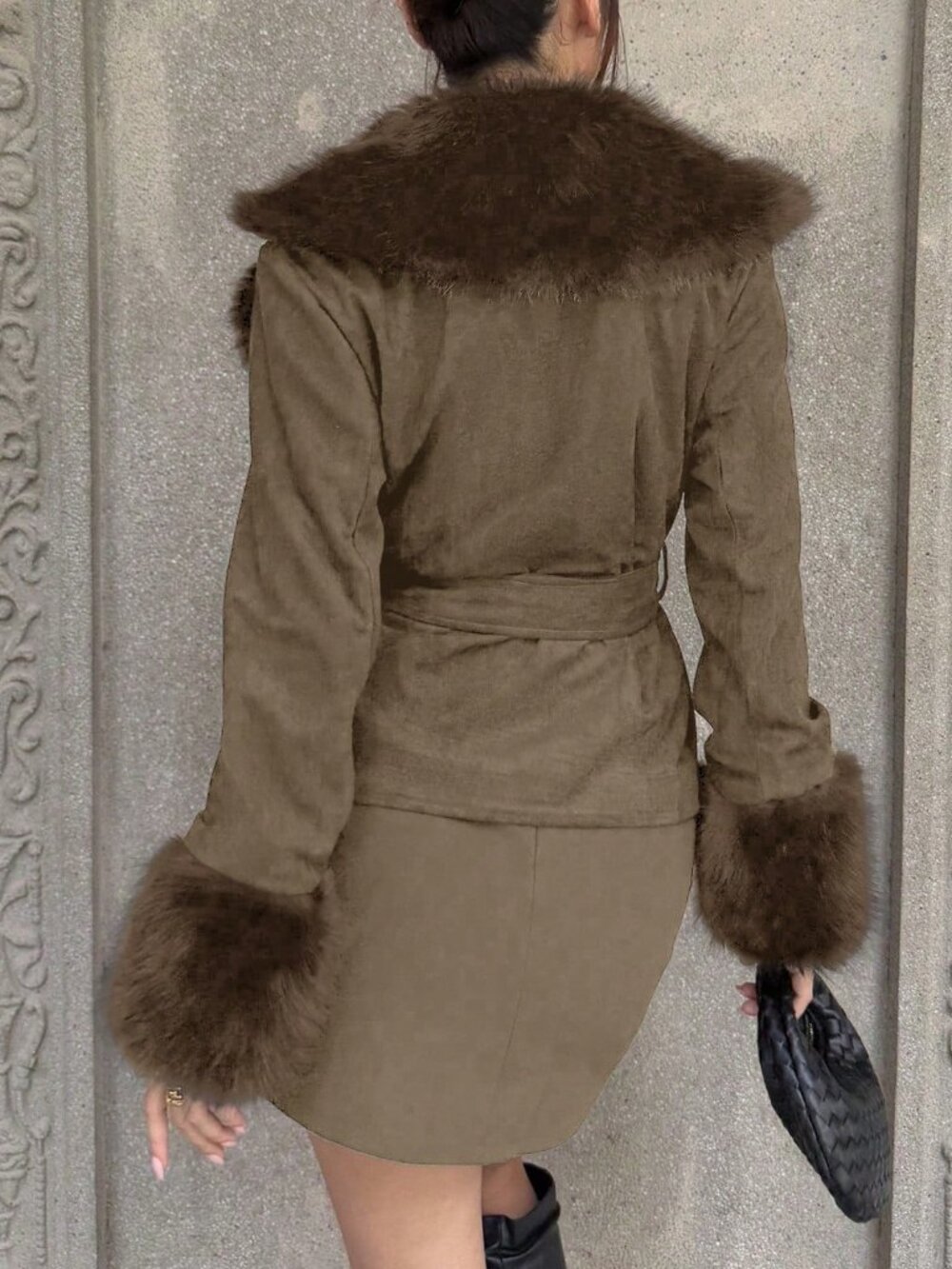 Khaki Casual Women's Faux Fur Collar Splice Long Sleeve Jacket - Picture 2 of 5